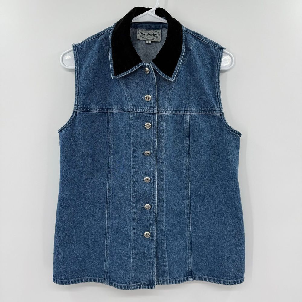 Stonebridge Vintage Vest Size small‎ denim Jean Sleeveless Top velvet collar